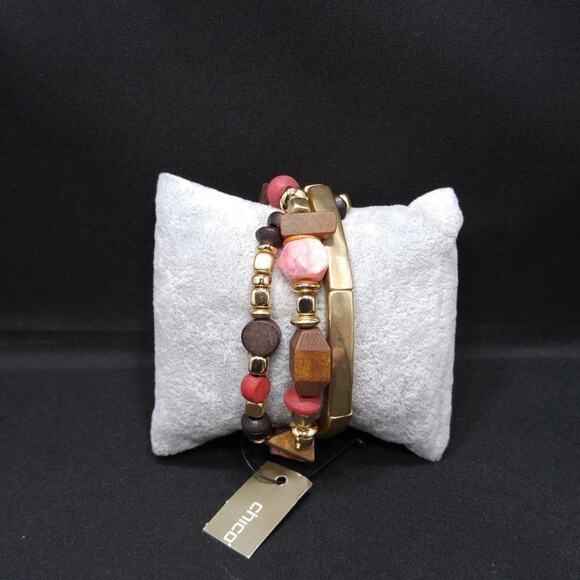 Chico's Gemstone Wood Three Bracelet Set, Stretch New With Tags - Picture 5 of 8